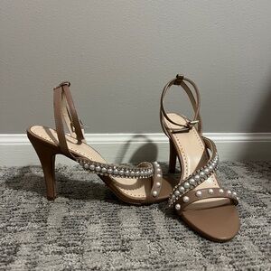 Pearl-Embellished Tan High Heel Sandals